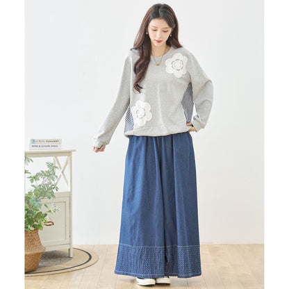 【M〜L】フラワーモチーフ異素材ストライプ切替プルオーバー｜TRUBE