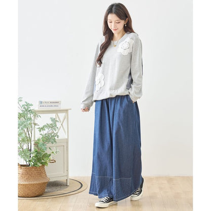 【M〜L】フラワーモチーフ異素材ストライプ切替プルオーバー｜TRUBE