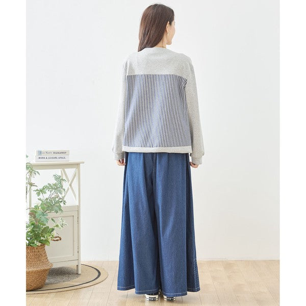 【M〜L】フラワーモチーフ異素材ストライプ切替プルオーバー｜TRUBE