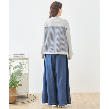 【M〜L】フラワーモチーフ異素材ストライプ切替プルオーバー｜TRUBE