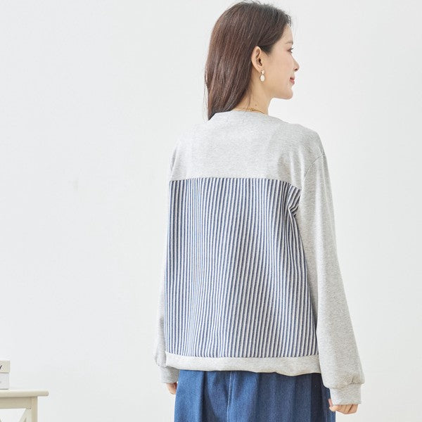 【M〜L】フラワーモチーフ異素材ストライプ切替プルオーバー｜TRUBE