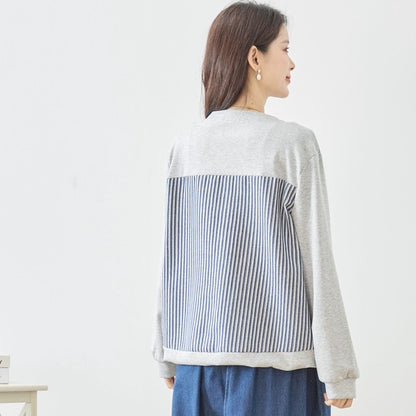 【M〜L】フラワーモチーフ異素材ストライプ切替プルオーバー｜TRUBE