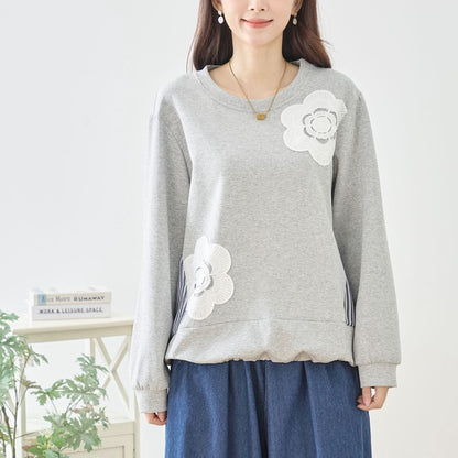 【M〜L】フラワーモチーフ異素材ストライプ切替プルオーバー｜TRUBE