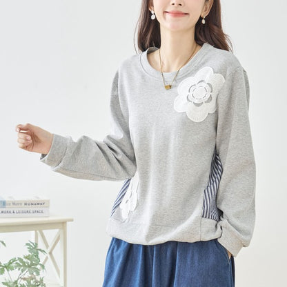 【M〜L】フラワーモチーフ異素材ストライプ切替プルオーバー｜TRUBE