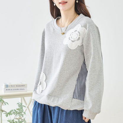 【M〜L】フラワーモチーフ異素材ストライプ切替プルオーバー｜TRUBE