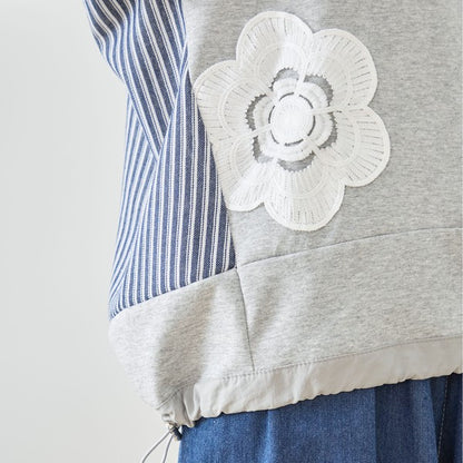 【M〜L】フラワーモチーフ異素材ストライプ切替プルオーバー｜TRUBE