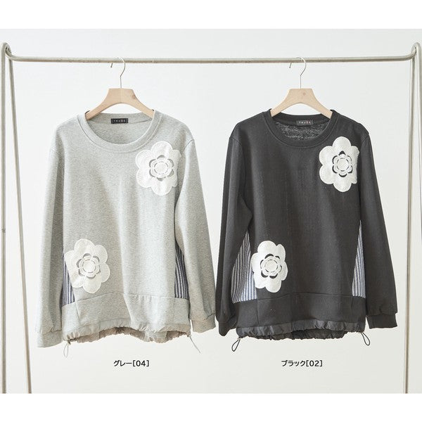 【M〜L】フラワーモチーフ異素材ストライプ切替プルオーバー｜TRUBE