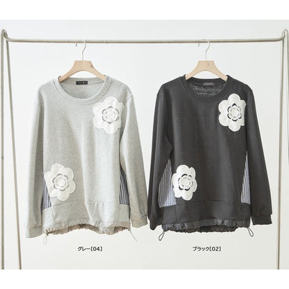 【M〜L】フラワーモチーフ異素材ストライプ切替プルオーバー｜TRUBE