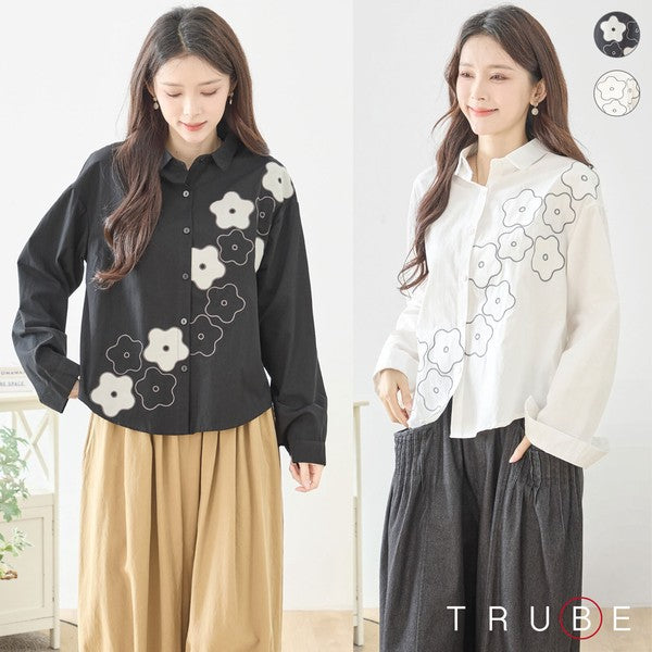 【M〜L】フラワーライン刺繍シャツ｜TRUBE