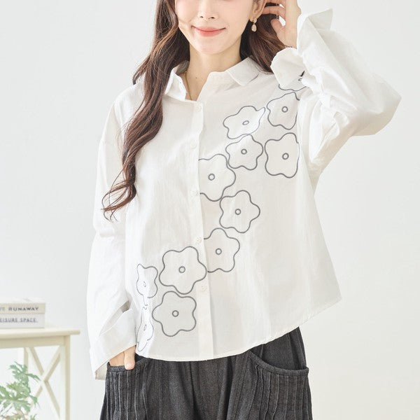 【M〜L】フラワーライン刺繍シャツ｜TRUBE